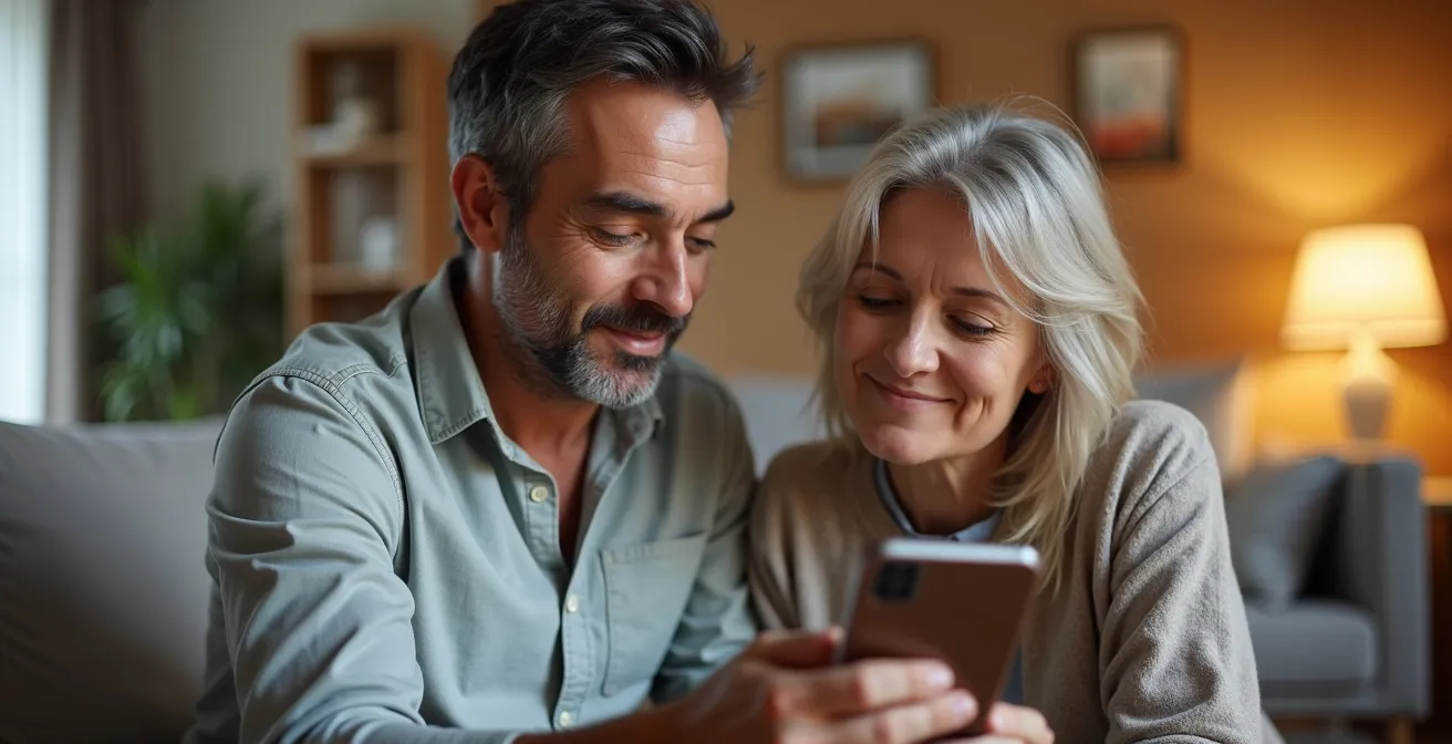 Schweizer Familie beim Möbelkauf mit unsichtbarem Versicherungsschutz symbolisiert