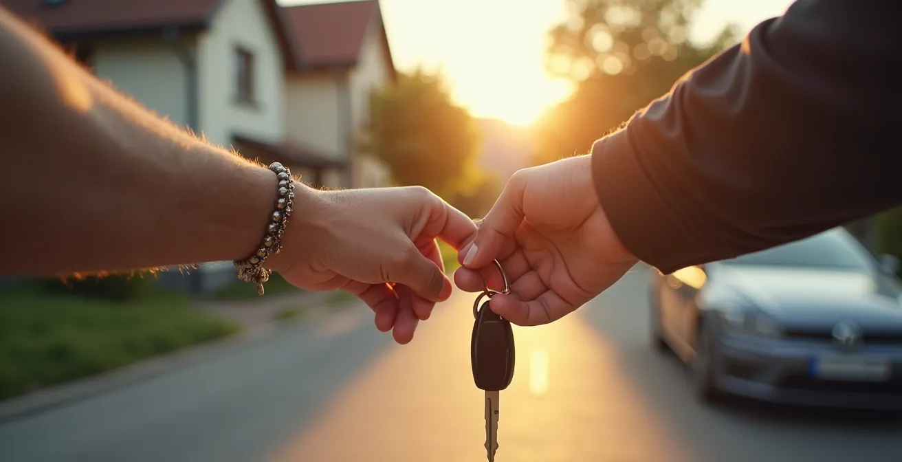 Autoschlüsselübergabe zwischen Freunden symbolisiert geteilte Verantwortung