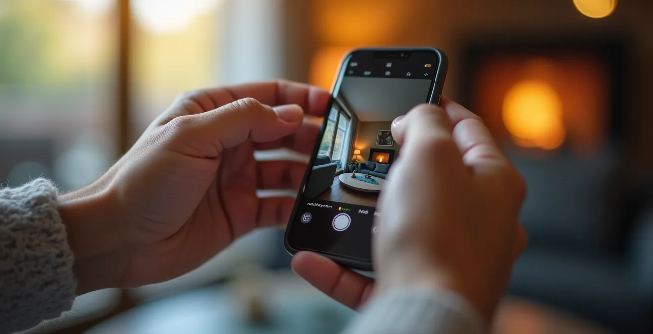 Hände halten Smartphone mit Inventar-App in Schweizer Wohnzimmer