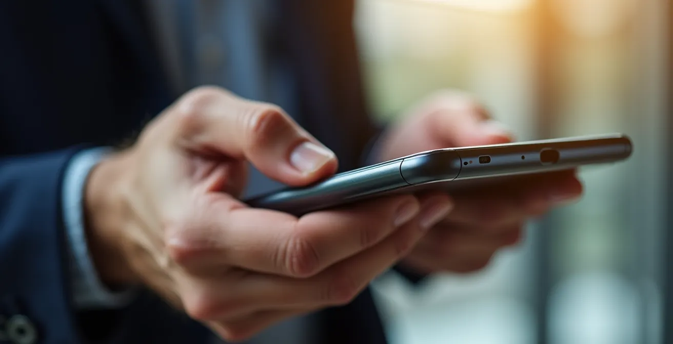 Hände halten ein Smartphone, auf dem unscharf die Bildschirme von verschiedenen Finanz-Apps zu sehen sind, in einer modernen Büroumgebung.