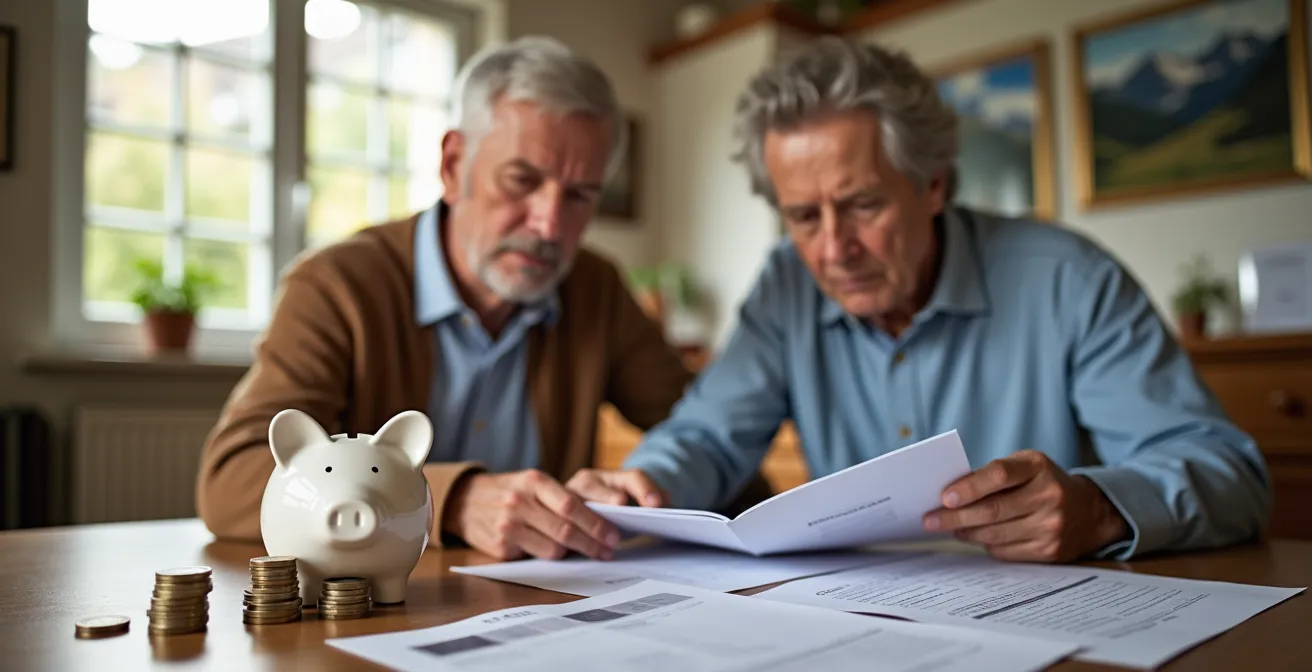 Ein Schweizer Paar prüft konzentriert Finanzdokumente am Esstisch, neben ihnen ein Sparschwein, das die Spardisziplin durch eine Lebensversicherung symbolisiert.