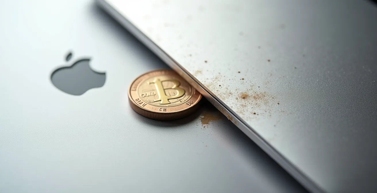 Gegenüberstellung von neuem und altem MacBook mit Preisschildern