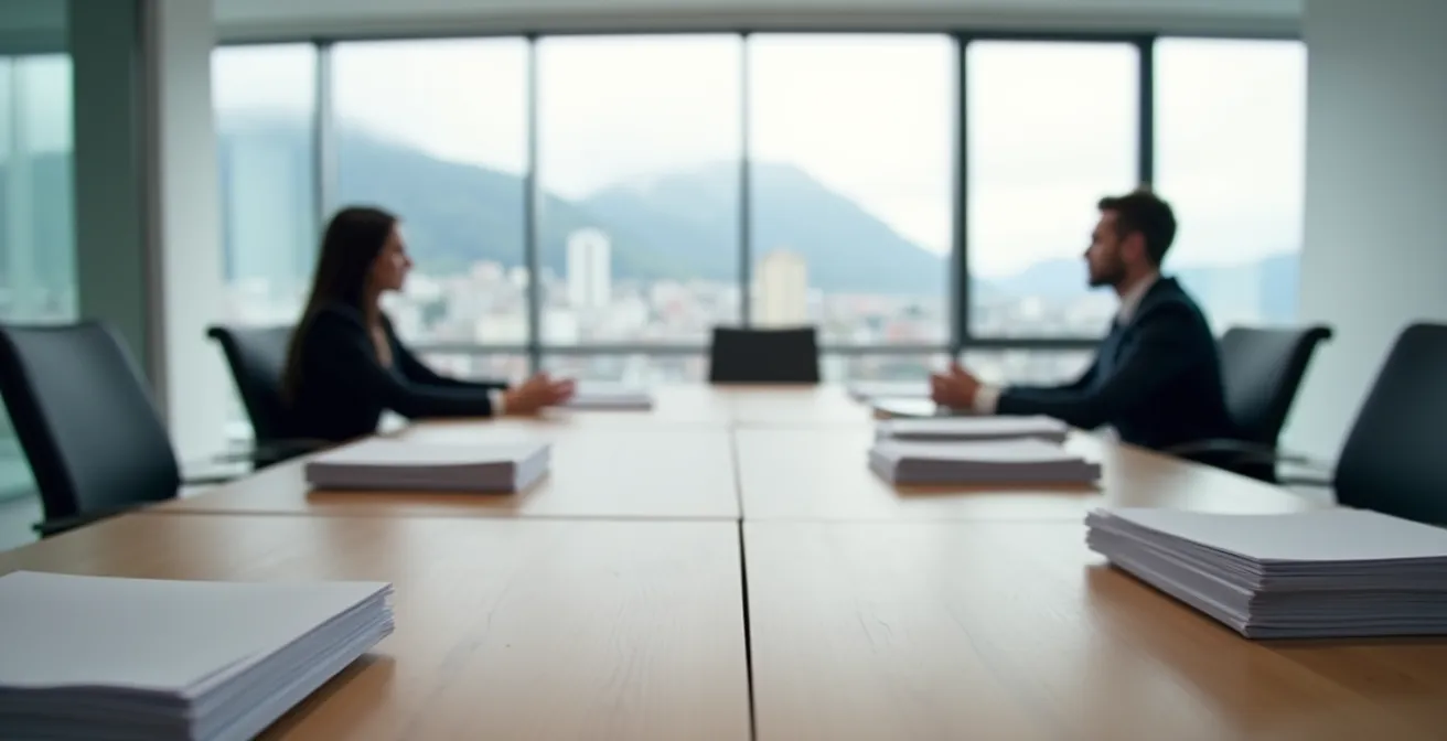 Zwei Geschäftsleute im Gespräch in einem minimalistischen Büro, unscharfe Dokumente im Vordergrund symbolisieren einen Interessenkonflikt.