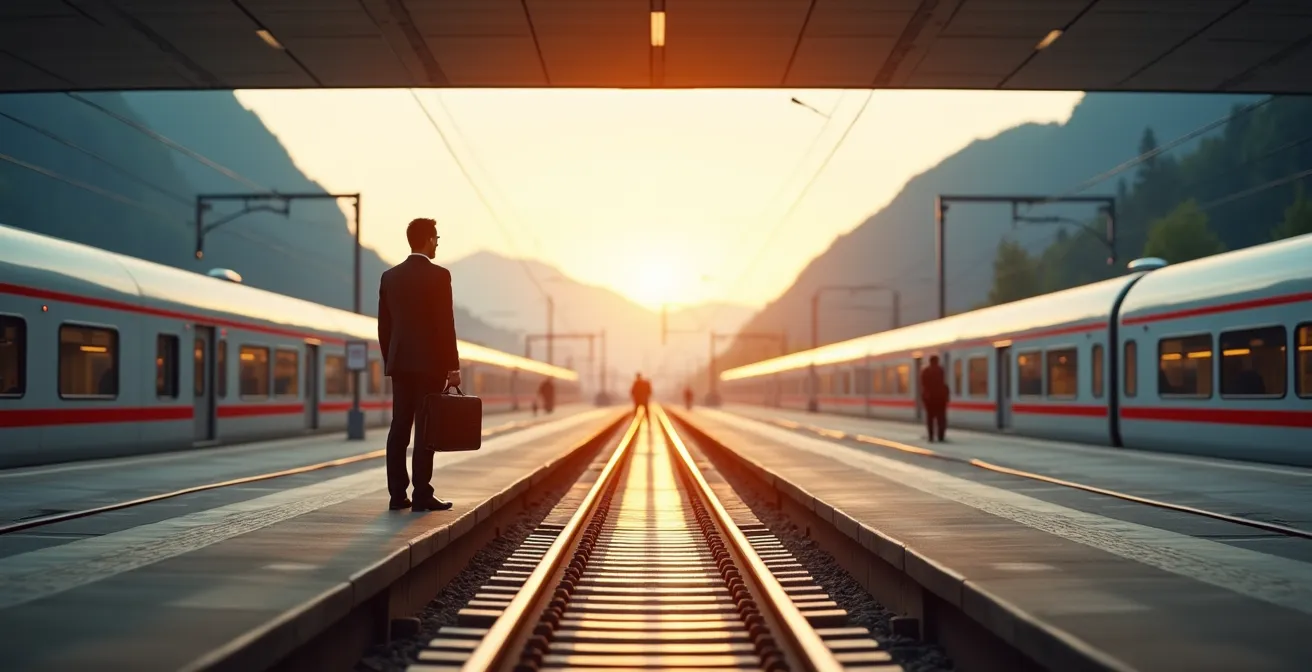 Eine Person an einem modernen Schweizer Bahnhof, wo sich die Gleise verzweigen, symbolisiert die Wahl zwischen einem starren Versicherungsvertrag und flexibler Lebensplanung.