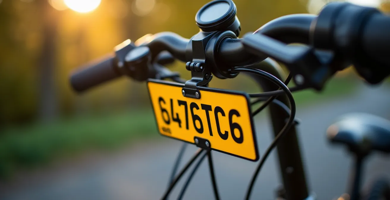 Schnelles E-Bike mit gelbem Nummernschild und Geschwindigkeitsmesser