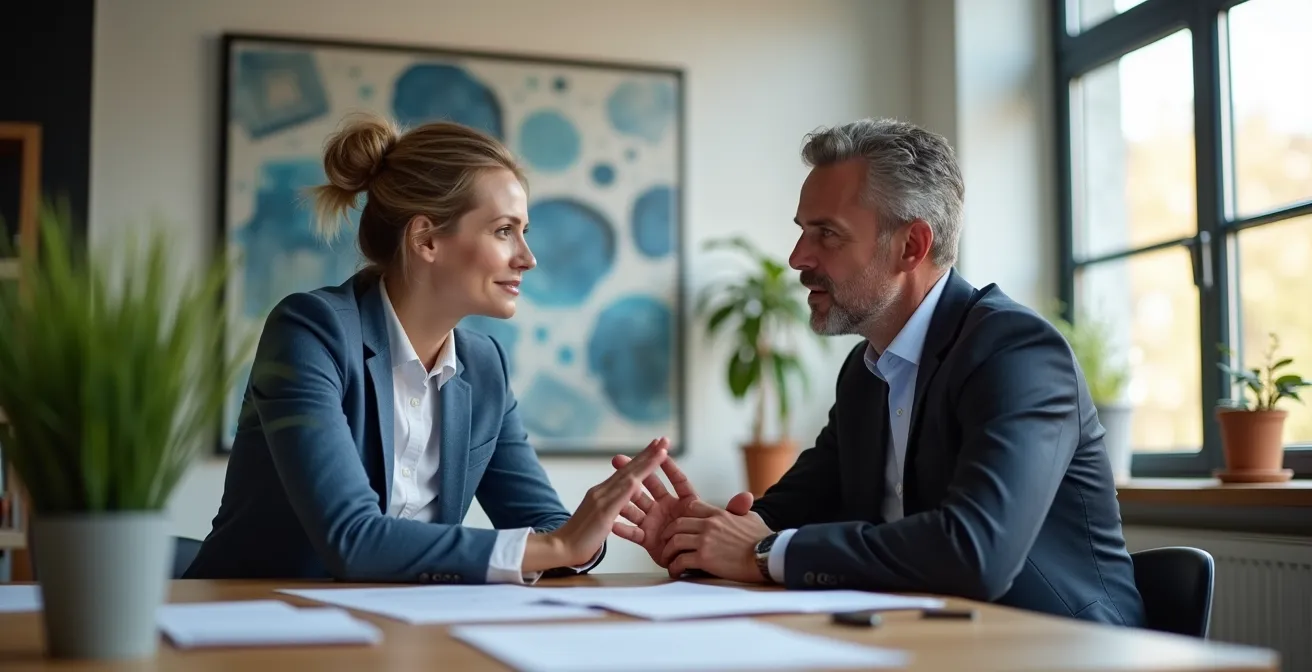 Zwei Geschäftspartner in vertrauensvoller Besprechung über gegenseitige Absicherung