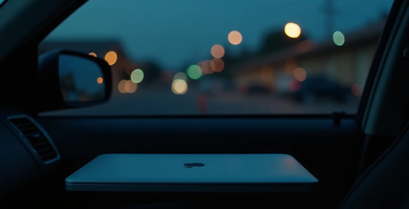 Ein Laptop, der durch ein Autofenster sichtbar auf dem Beifahrersitz liegt, symbolisiert grobe Fahrlässigkeit bei Versicherungsfällen.