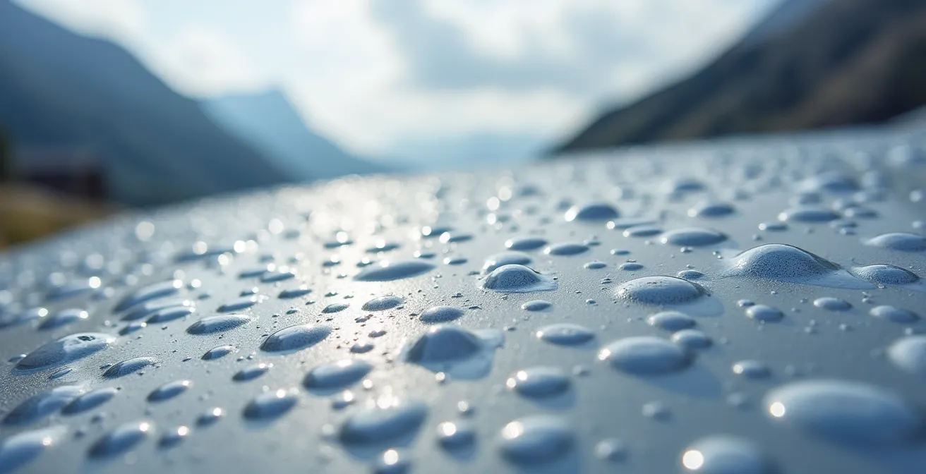 Makroaufnahme von Hageldellen auf Autodach mit Schweizer Alpen im Hintergrund