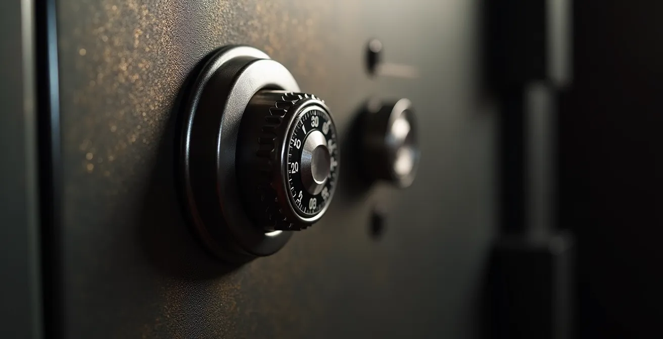 Ein geöffneter Hotelsafe, in dem eine Schmuckschatulle und eine Kamera sicher aufbewahrt werden, um den Versicherungsschutz zu gewährleisten.