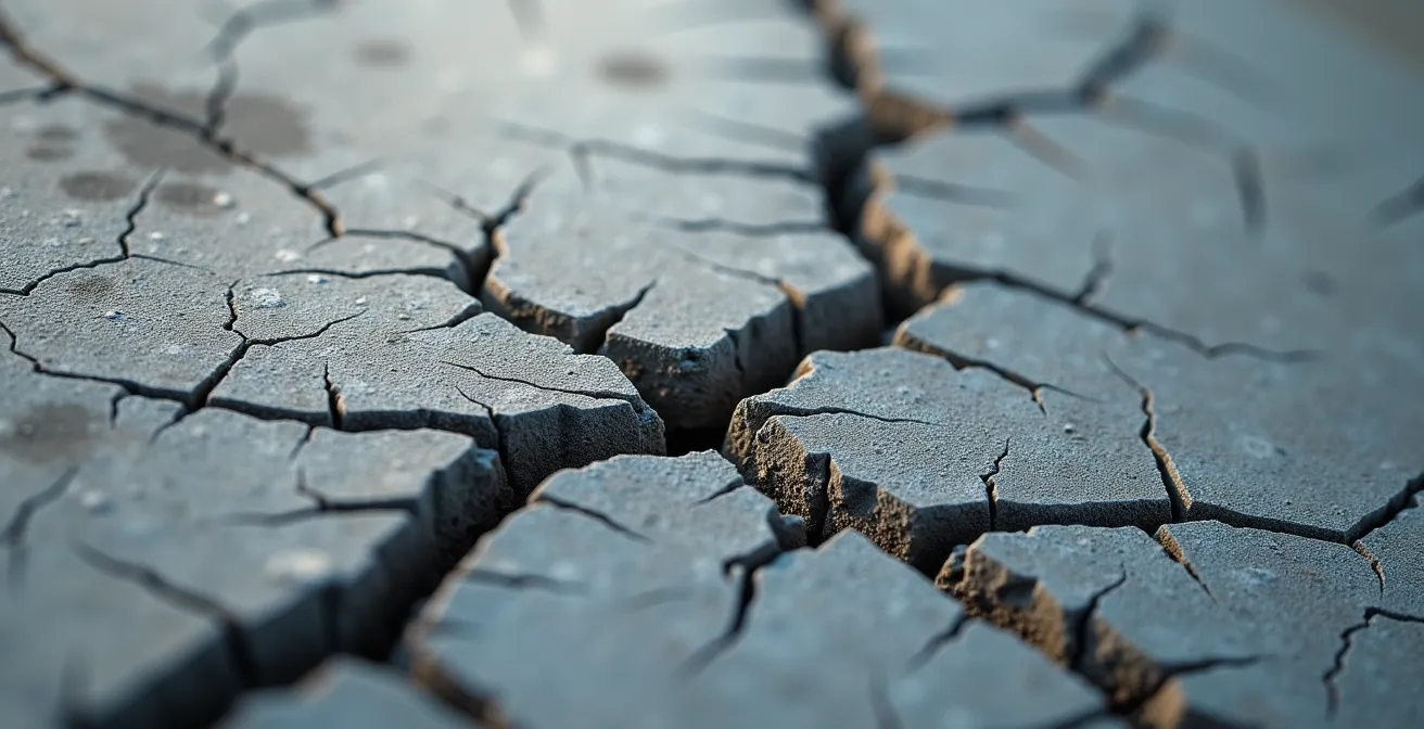 Makroaufnahme von Rissen in Beton als Symbol für Baumängel durch Rechenfehler