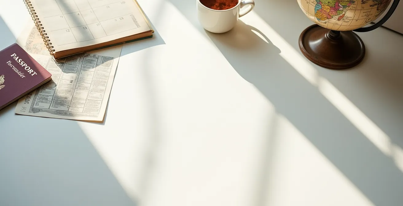 Ein minimalistischer Schreibtisch mit Pass und Globus, der die ganzjährige Reiseplanung symbolisiert.