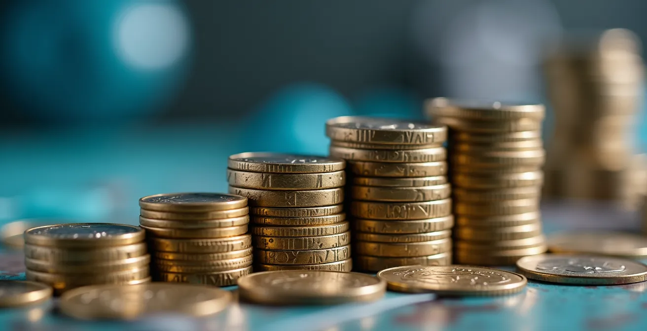 Makroaufnahme von Schweizer Franken Münzen, die die steigenden Kosten für Pflege und Lohnausfall symbolisieren.