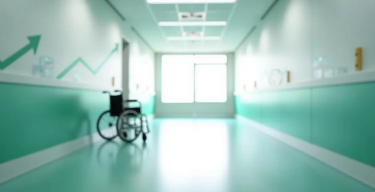 Visualisierung der steigenden Kosten für Pflege und Lohnausfall in einem stilisierten Schweizer Spitalkorridor.