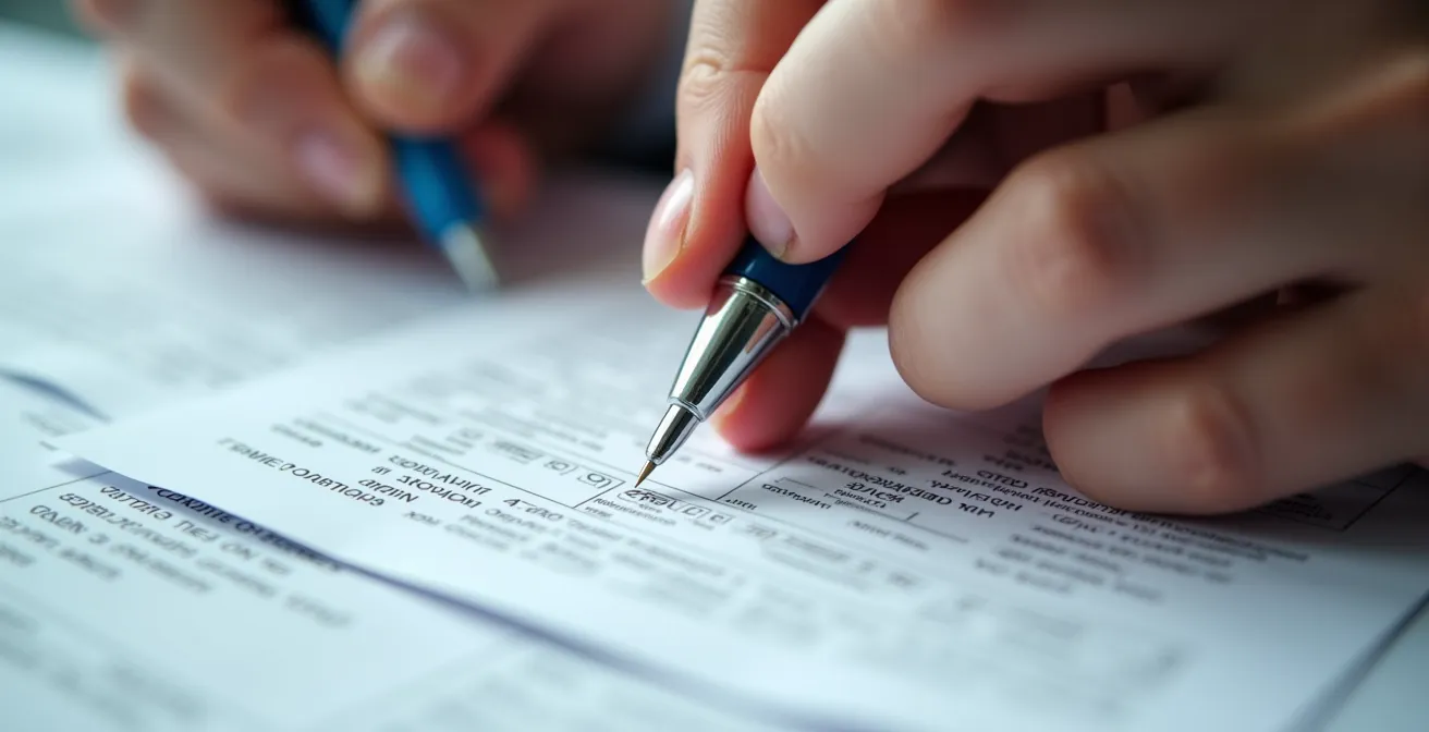 Detailaufnahme von Händen, die medizinische Formulare ausfüllen