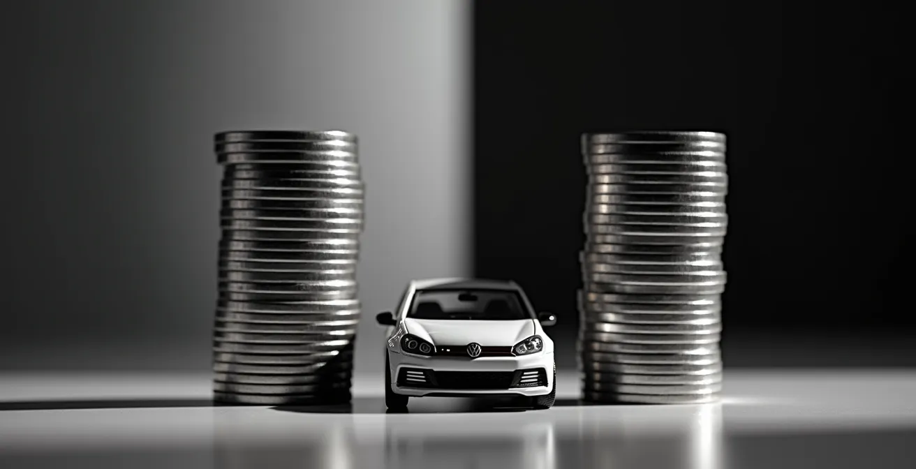 Visualisierung der Vermögensverluste durch hohe Verwaltungskosten über 30 Jahre, dargestellt durch zwei unterschiedlich hohe Münzstapel mit einem Spielzeugauto dazwischen.