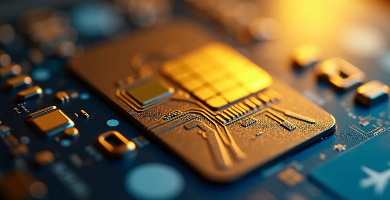 Nahaufnahme eines Kreditkartenchips als Symbol für die Zahlungsbedingung beim Versicherungsschutz