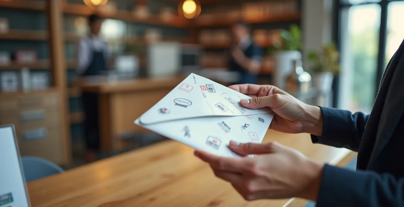 Hand hält Einschreibebrief mit Poststempel vor Schweizer Postschalter
