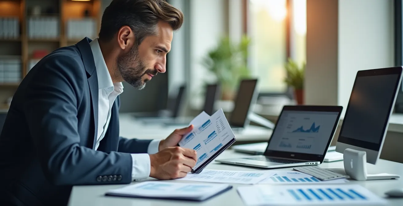 Schadenexperte vergleicht technische Daten verschiedener Laptops auf einem Schreibtisch