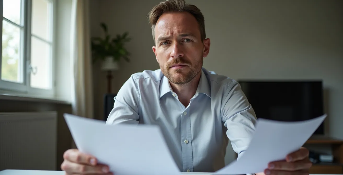 Person liest aufmerksam Wohnungsübergabeprotokoll in hellem Raum