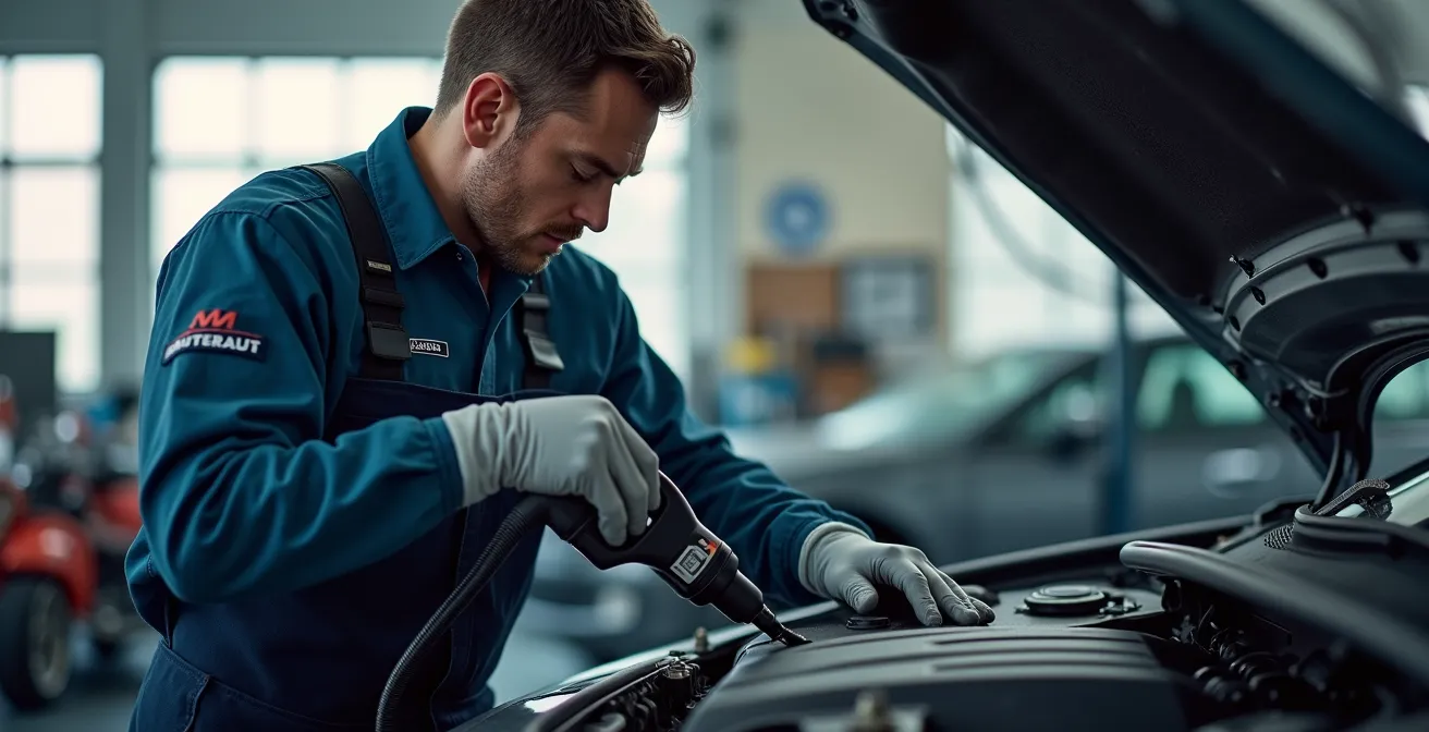 Mechaniker führt professionelle Motorreinigung in Schweizer Werkstatt durch