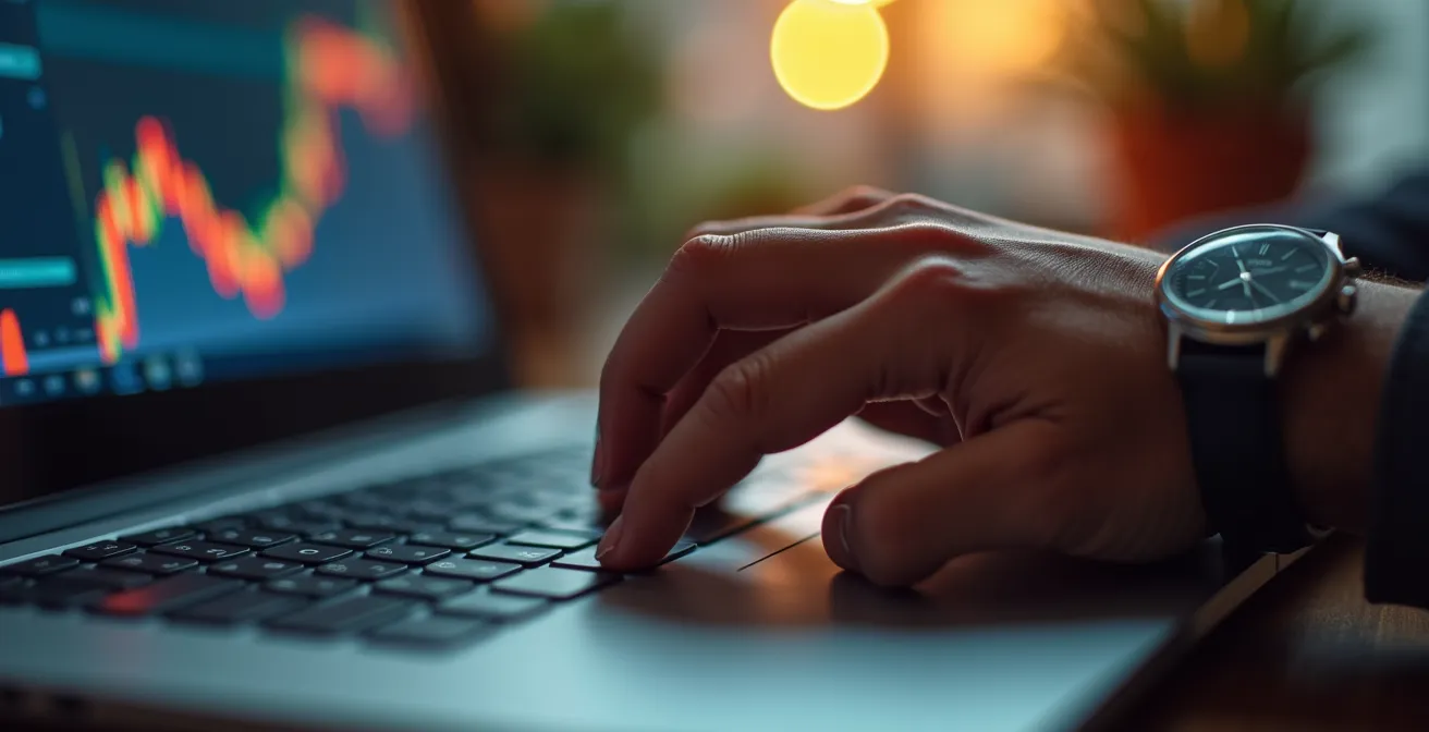 Laptop-Bildschirm zeigt verschwommene Auktionsseite während Person bietet