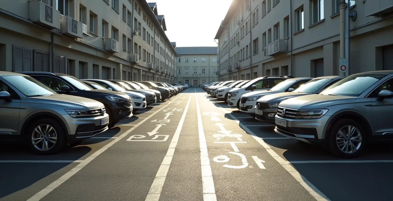 Parkplatz in Schweizer Innenstadt mit geparkten Autos und urbanem Umfeld