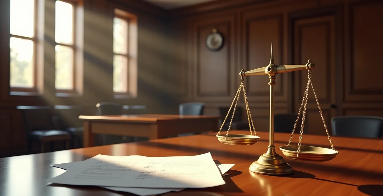 Justitiawaage mit Schutzschild symbolisiert passiven Rechtsschutz