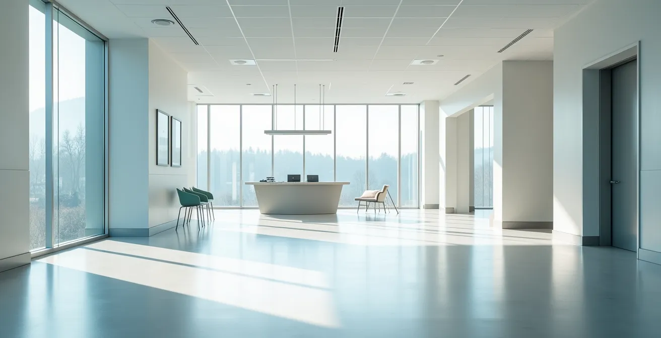 Weitwinkelaufnahme eines hellen Spitalflurs mit Beratungsbereich