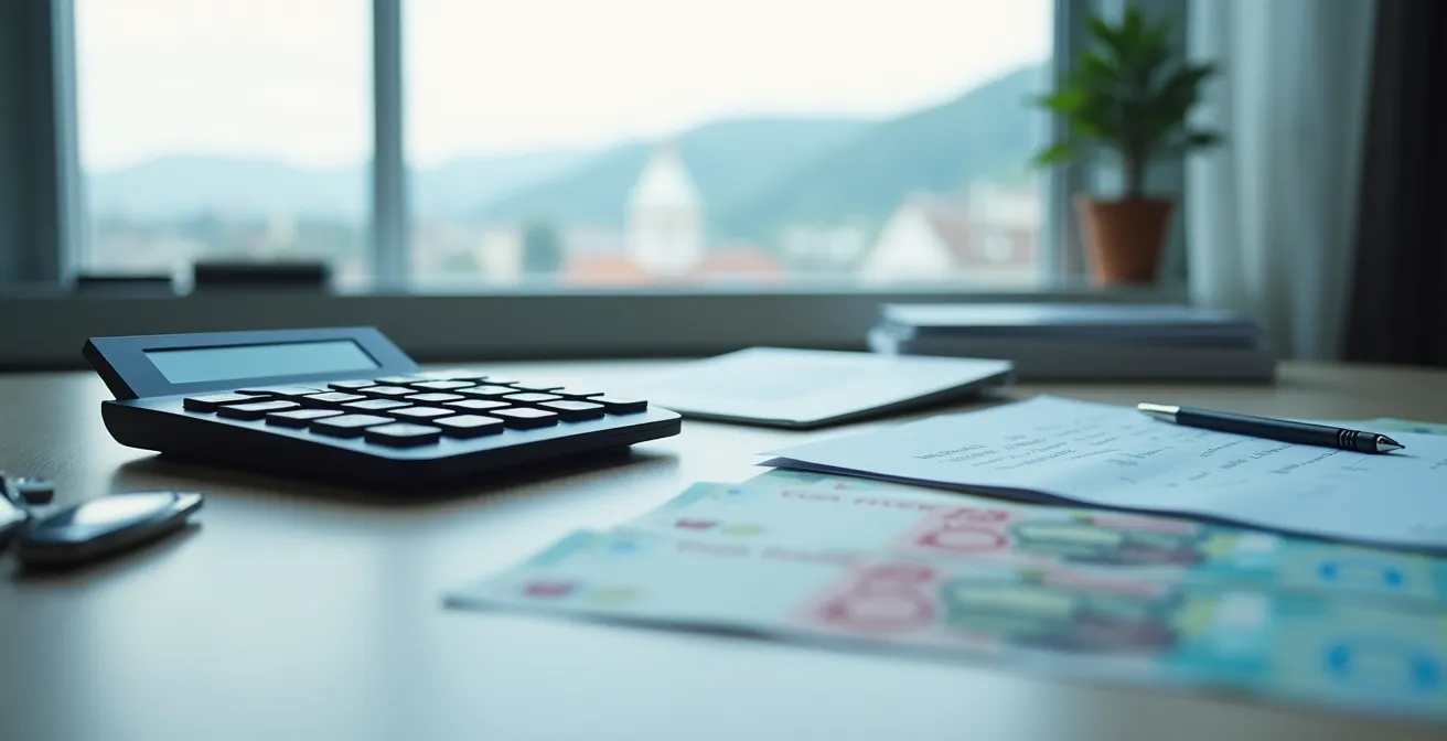 Taschenrechner mit Schweizer Franken und Versicherungsdokumenten auf Holztisch