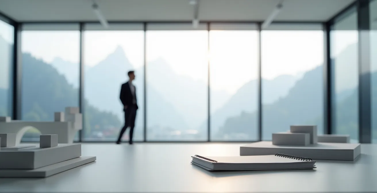 Weitwinkelaufnahme eines modernen Schweizer Büros mit negativem Raum und minimalistischer Einrichtung