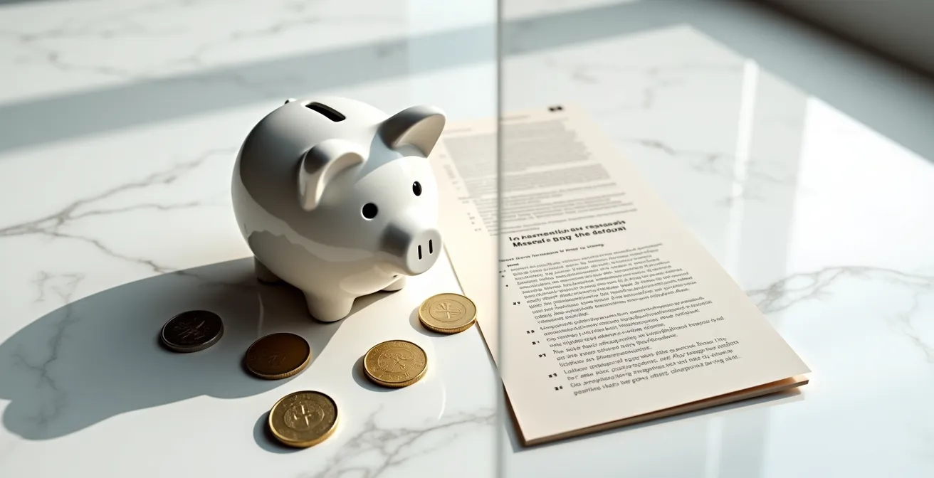 Familie plant Finanzen mit Sparschwein und Taschenrechner für Zahnversicherung