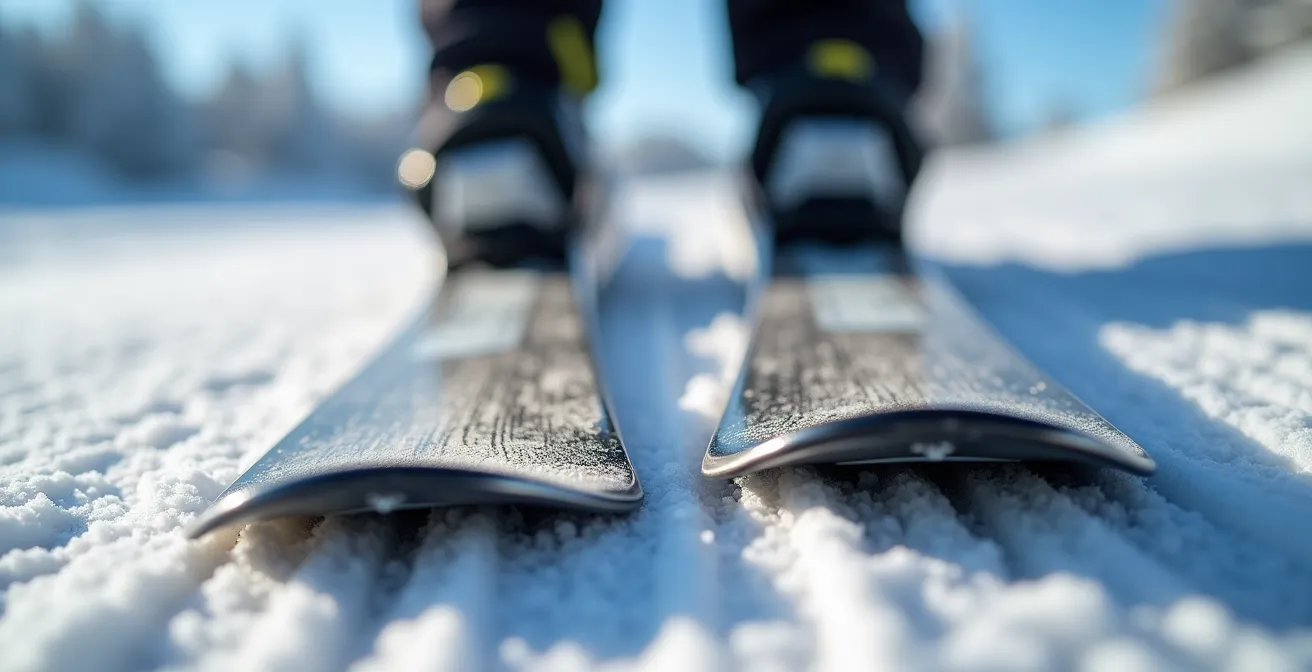 Detailaufnahme von Ski-Kanten mit sichtbaren Gebrauchsspuren