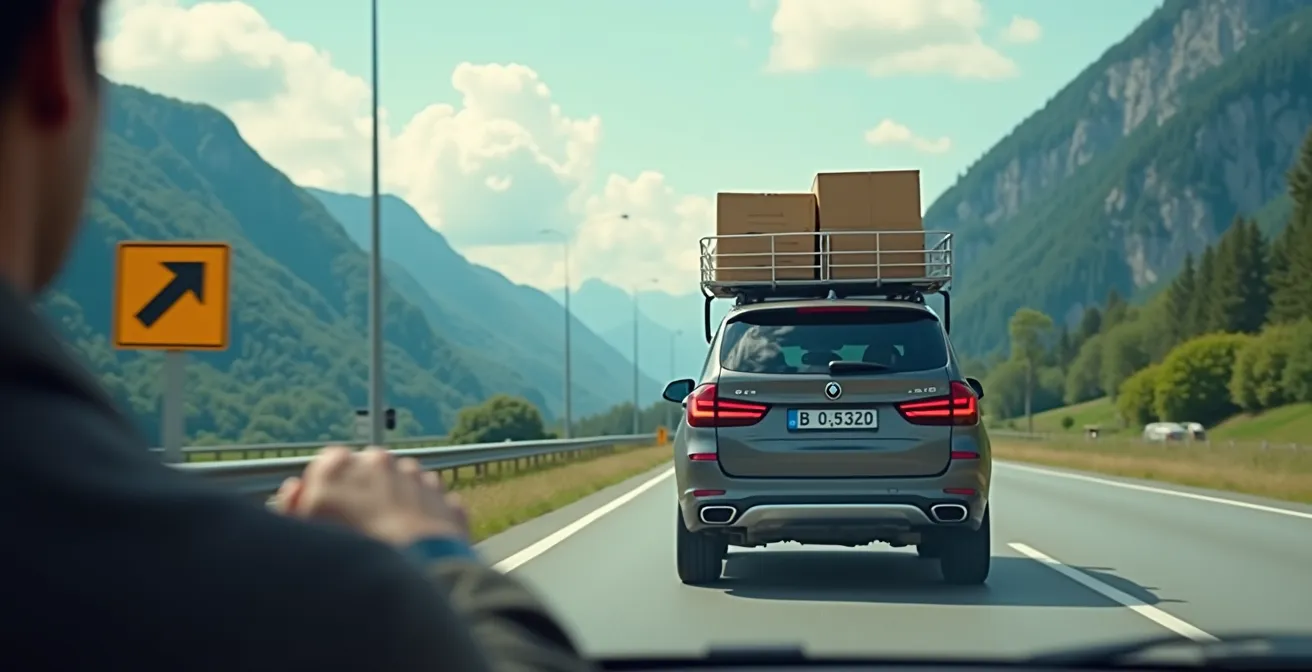 Umzugswagen auf Schweizer Autobahn mit Bergen im Hintergrund bei der Fahrt zwischen Kantonen
