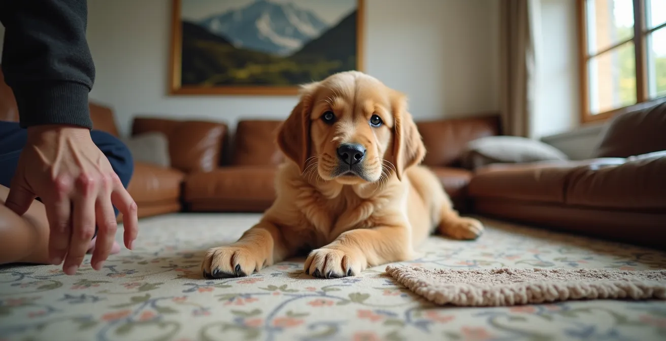 Junger Hund mit zerrissenem Teppich in Schweizer Wohnzimmer