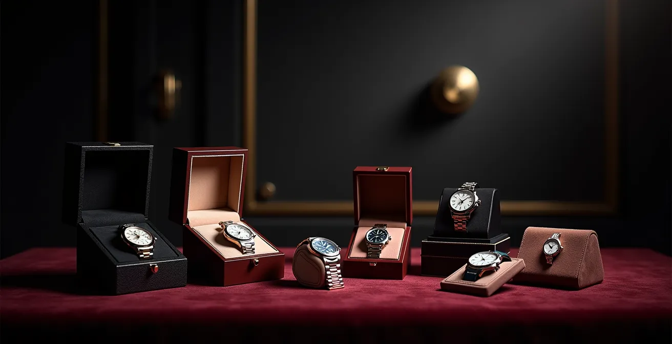 Hochwertiger Schmuck und Uhren, elegant auf Samt in einer geöffneten Tresorschublade arrangiert, was Sicherheit und Wert symbolisiert.