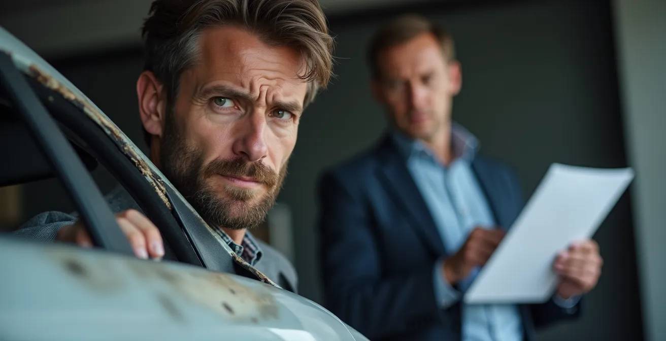 Stark beschädigtes Auto mit Bewertungsunterlagen und Expertengutachten