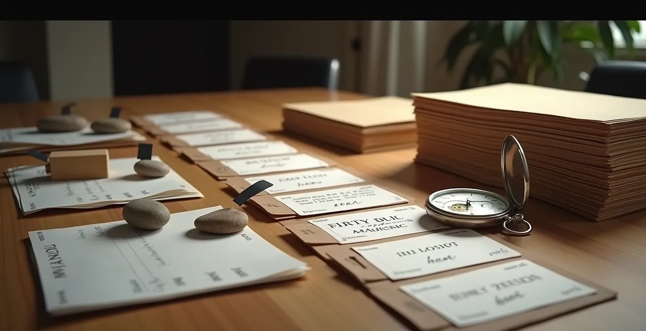 Systematische Organisation der Wiederbeschaffung von Hausrat über zwei Jahre mit Zeitstrahl und Dokumenten